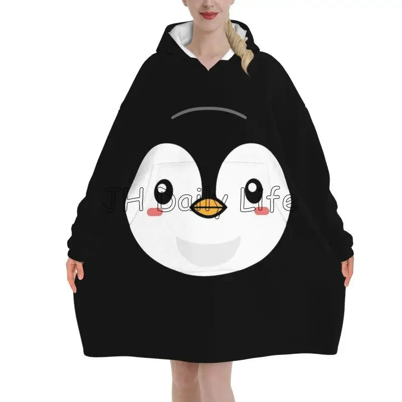 Penguin Wearable Flannel Blanket Hoodie Oversized Hooded Blanket Soft Pullover Sweatshirt Fleece Sherpa Blankets with Pockets