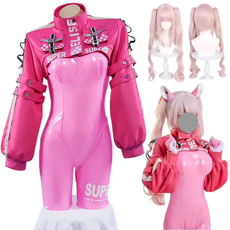 Pink superhero costume with accessories on a white background