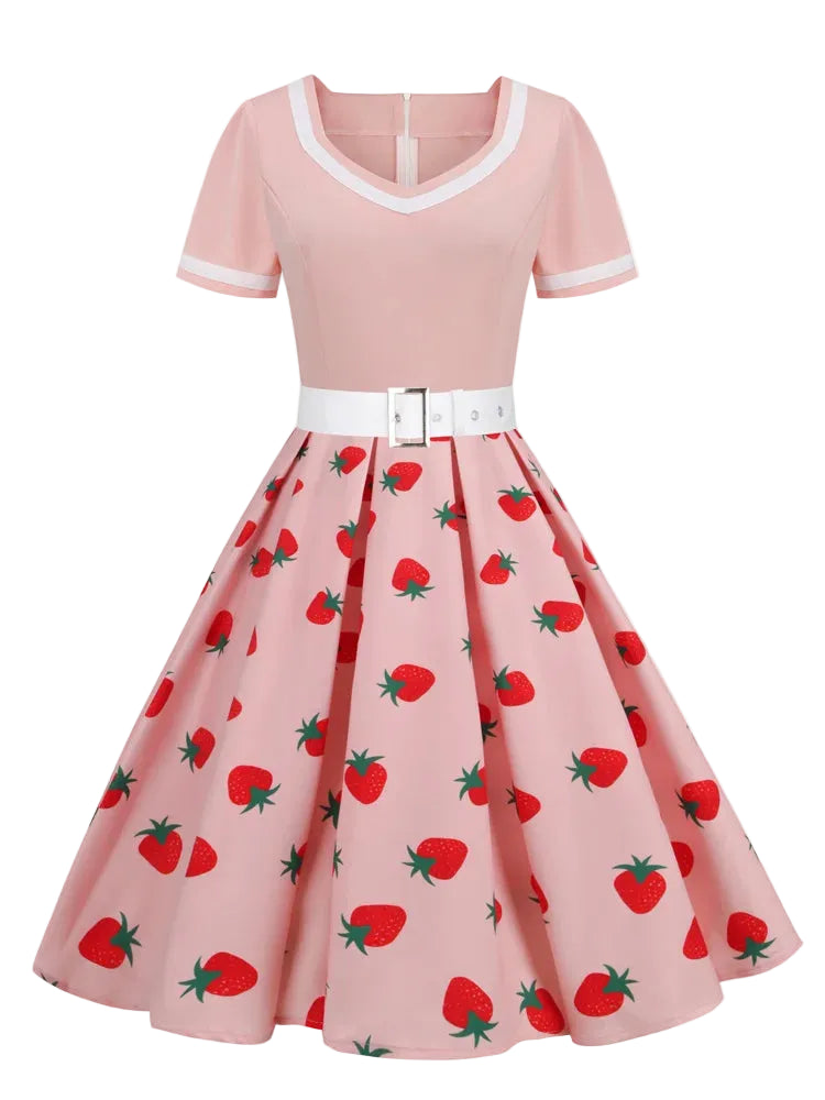 Pink,Black or Blue V-Neck Short Sleeve Pleated Vintage Strawberry Dress with Belt for Women Belt