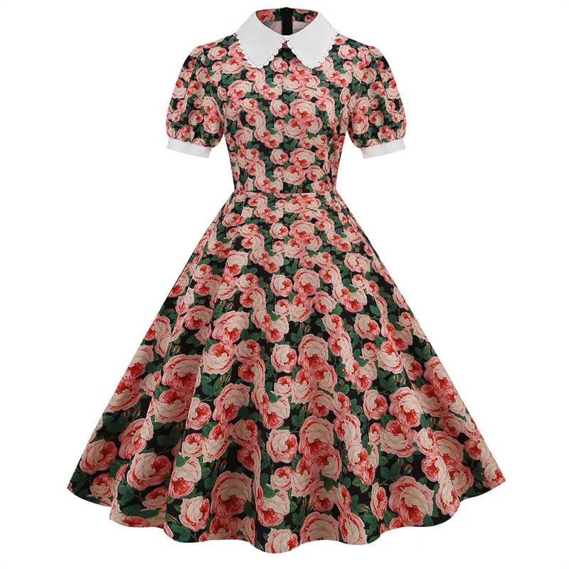 Summer Floral Printed Peter pan Collar 50s Mummy Dress