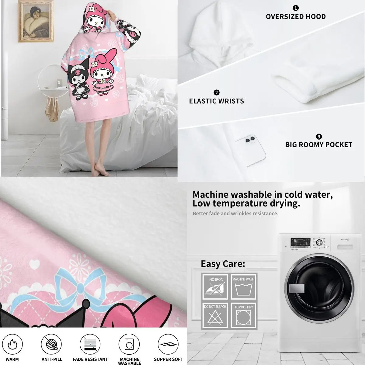 My Melody And Kuromi Blanket Hoodie Wearable Cute Cartoon Blanket Large with Pocket Warm Onesie