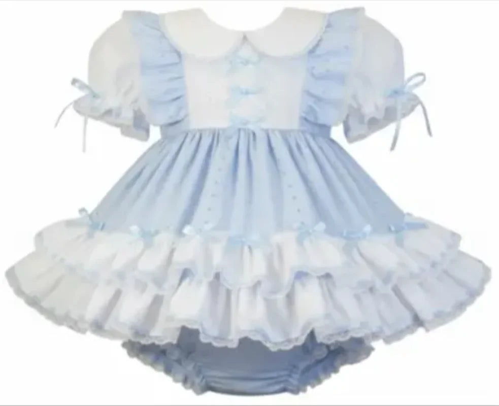 Sky Blue Soft Cotton Dress with White Doll Collar Elastic Pleats Cuffs Matching Bow Embellished Shorts