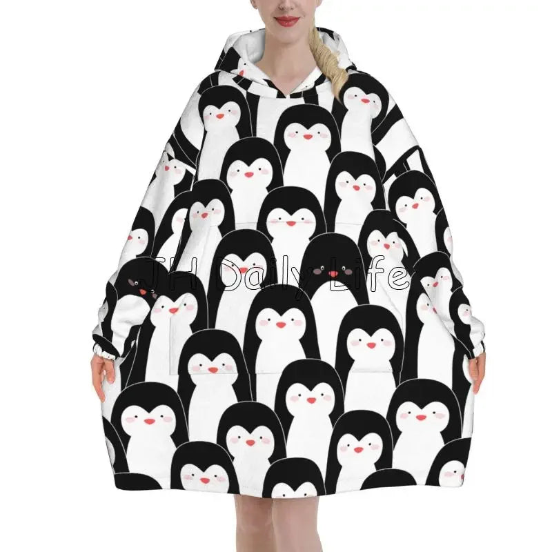 Penguin Wearable Flannel Blanket Hoodie Oversized Hooded Blanket Soft Pullover Sweatshirt Fleece Sherpa Blankets with Pockets