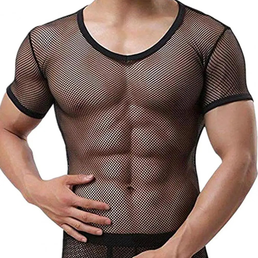 Men Mesh T Shirt Transparent Sexy Men See Through Fashion T-shirt Men Slim Fit Shiny Sexy T Shirt Party Nightclub Blouse Tops