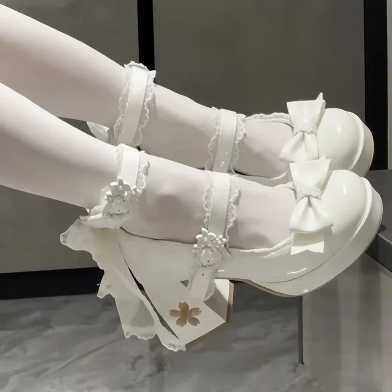 Womens Mary Janes Shoes Sweet Style High Heels Exquisite Bow