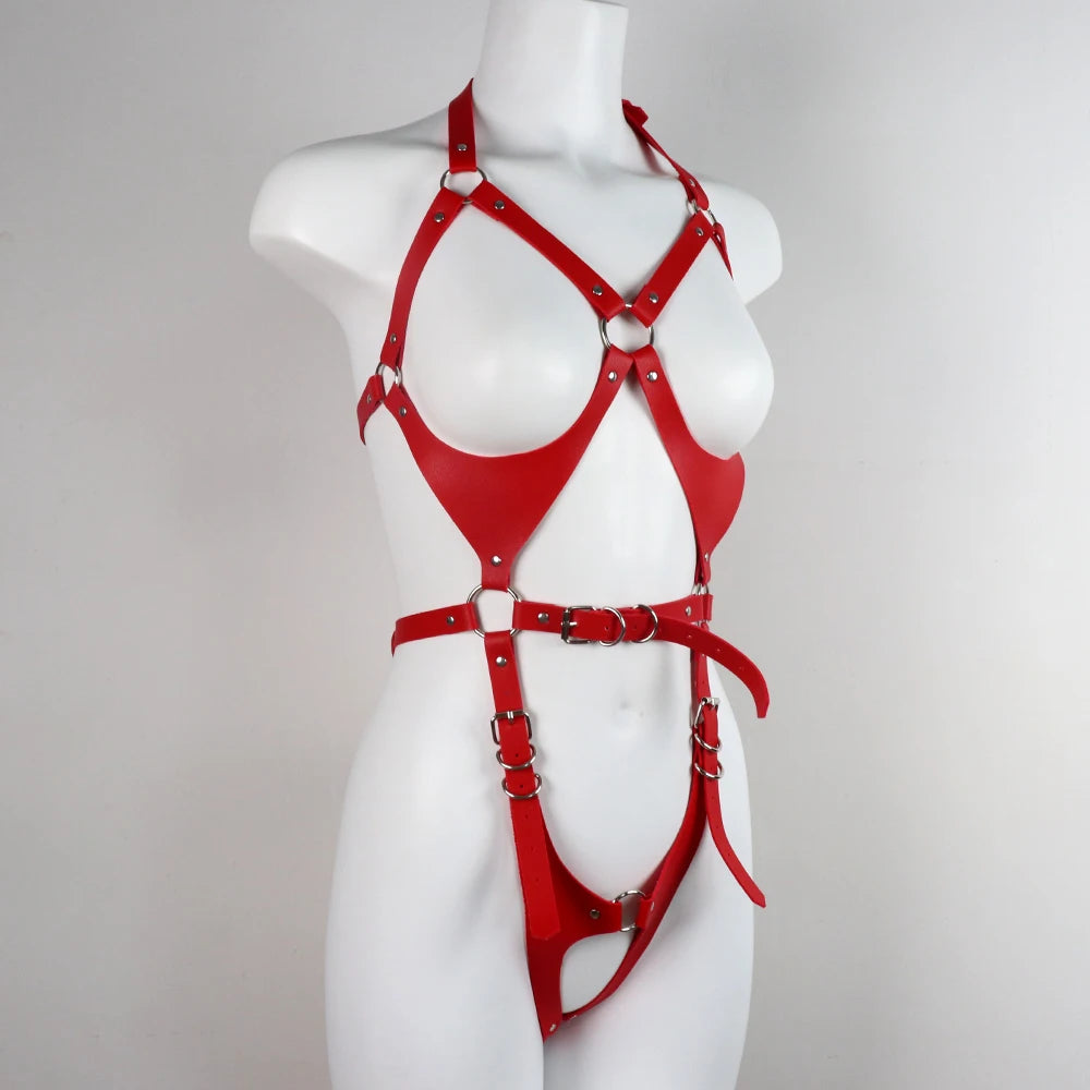 Punk Cyberpunk Red Faux Leather Body Harness - Metal Buckle Design
