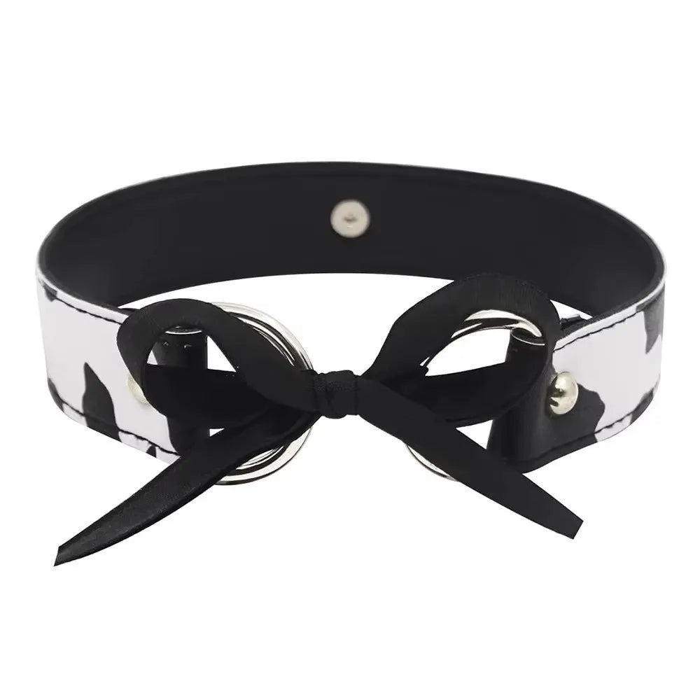 Cow Print Leather Choker Adjustable Bell Collar