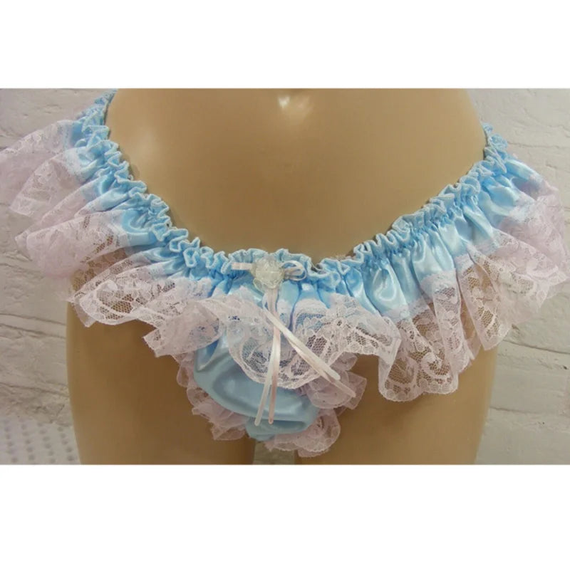 Adult Giant Baby Girl Blue Thin Satin Sissy Dress Thong