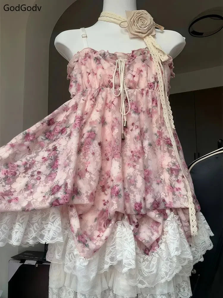 Vintage Women Sets Elegant Ruffle Lace Chiffon Design Mini Skirt  Fashion Outfit