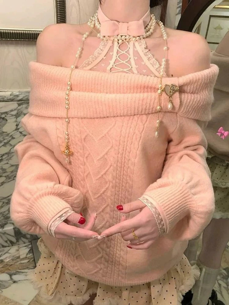 Sweet Hot Bow Off-Shoulder Sweater Elegant Fashion Knitted Tops