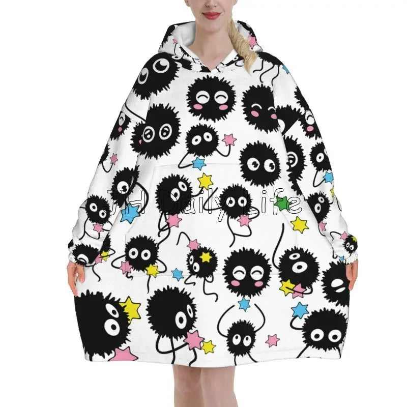 Blanket Hoodie Cute Soot Sprites Oversized Sweatshirts Blanket Warm Cozy Flannel Fleece Sherpa Blankets with Pockets