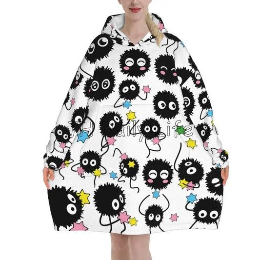 Blanket Hoodie Cute Soot Sprites Oversized Sweatshirts Blanket Warm Cozy Flannel Fleece Sherpa Blankets with Pockets