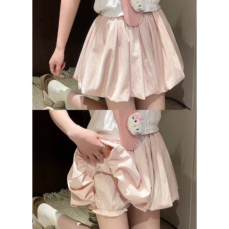 Women's Mini Skirt High Waist A-Line Skirt with Built-in Shorts for Petite, Pleated Puff Hem
