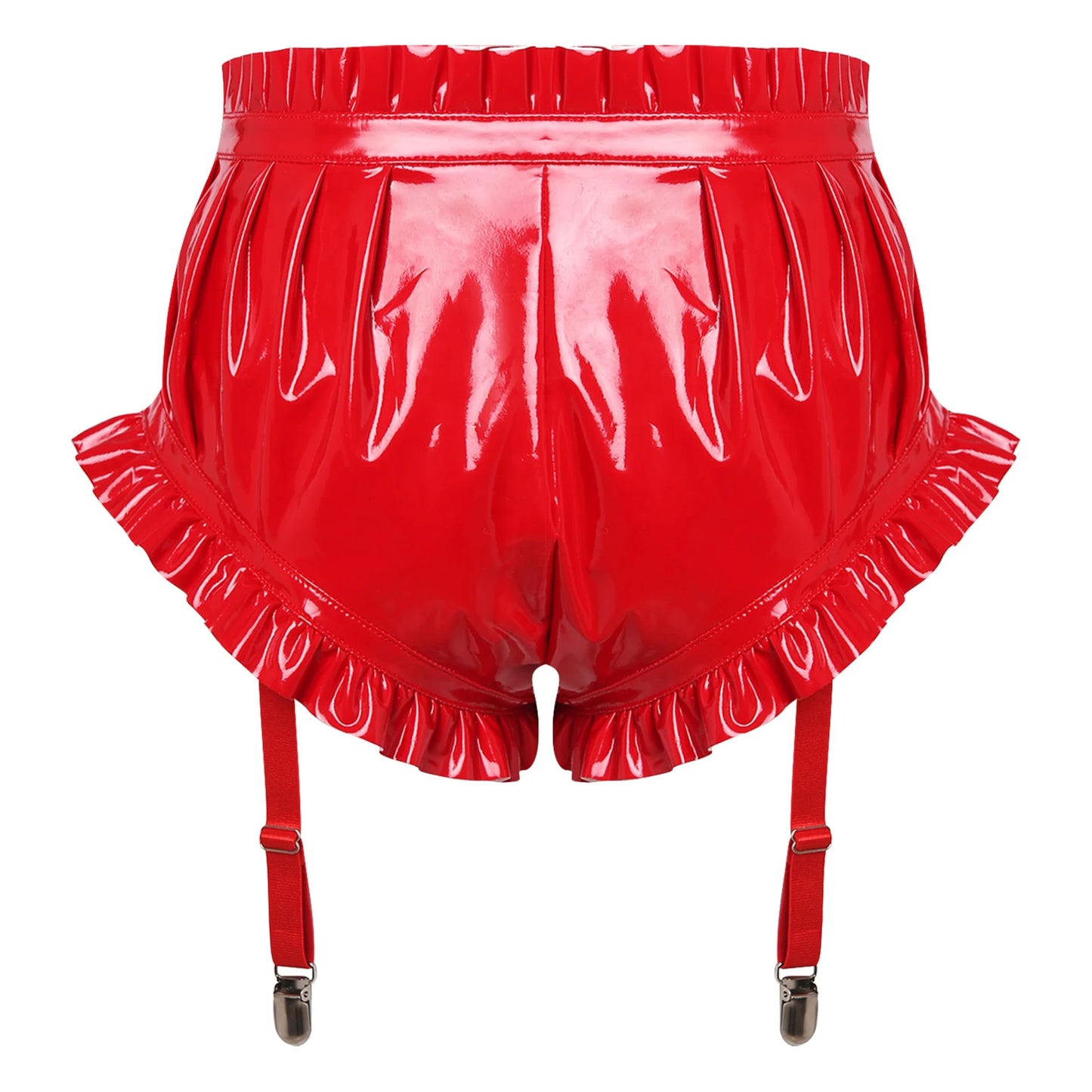 Unisex Wet Look Lingerie Latex Shorts Patent Leather Ruffle Trim with Garter Clips