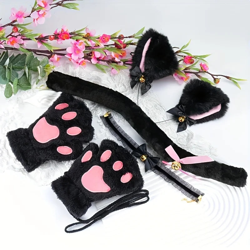 5Pcs Set Cat Paw Gloves Open Finger Gloves