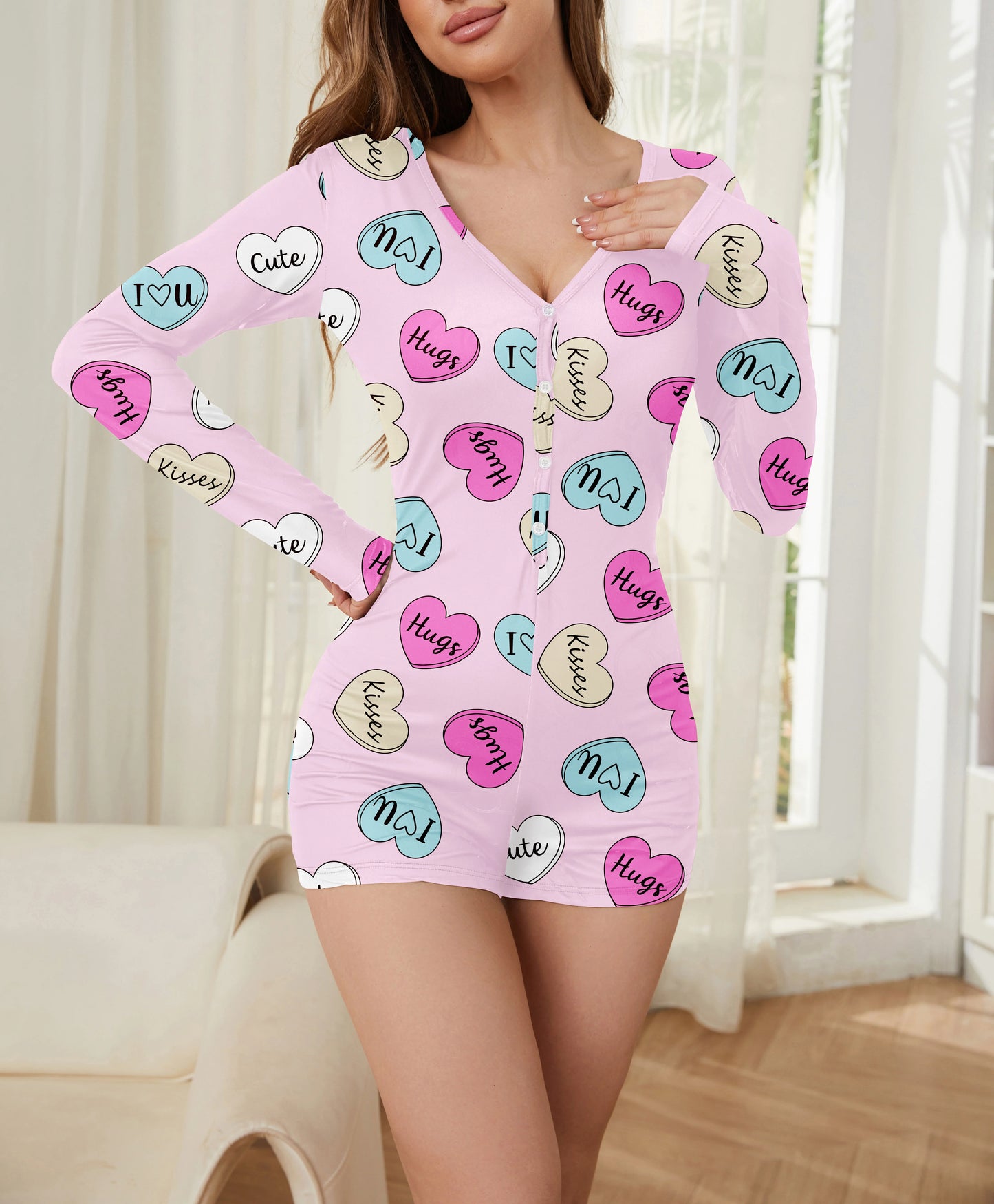 Pajama Sets, Heart & Letter or Lips & Kisses One Piece Short Sleeve Romper with Pants