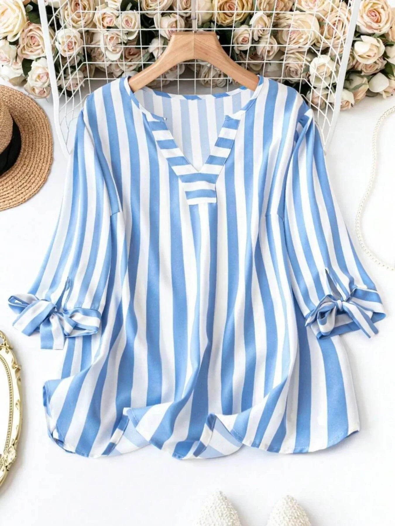 Plus Size Woman Plaid T-shirt V-neck Jumper Light Breathable Tops