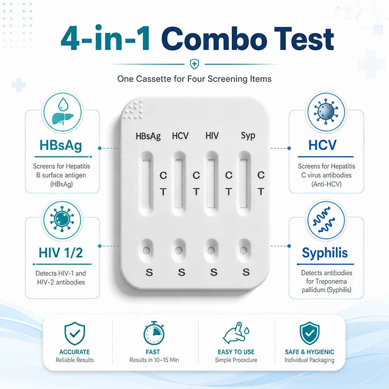 4-in-1 Infectious Disease Screening Test Kit, HBsAg HCV HIV 1/2 Syphilis Combo Rapid Test Cassette Antibody Diagnostic Reagent