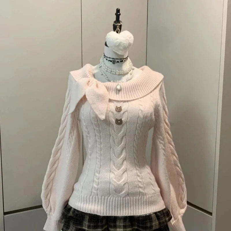Sweet Hot Bow Off-Shoulder Sweater Elegant Fashion Knitted Tops