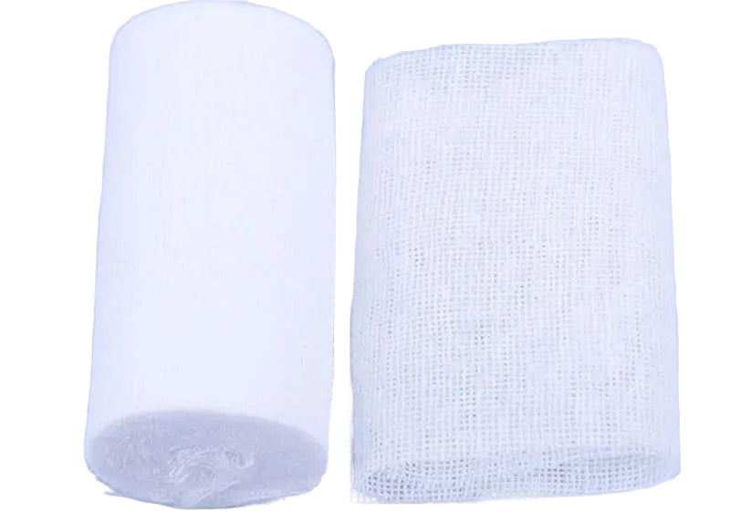 Roll of white gauze bandage on a light purple background
