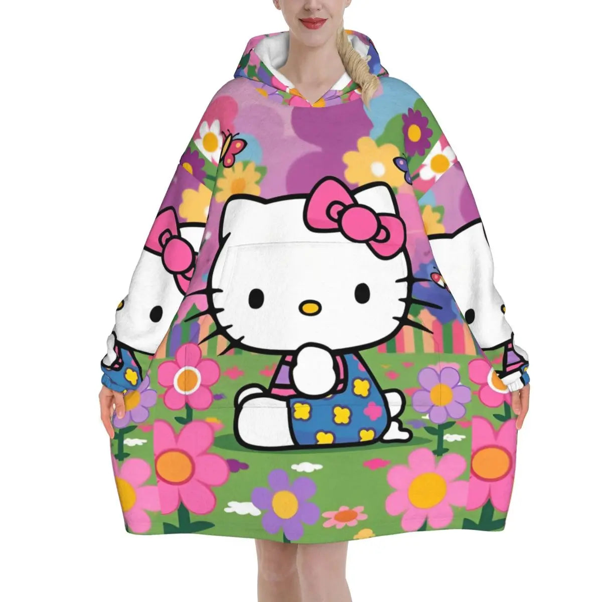 Hello Kitty Cartoon Blanket Hoodie Wearable Blanket Large with Pocket Warm Sleeping Bag Soft Cozy Onesie