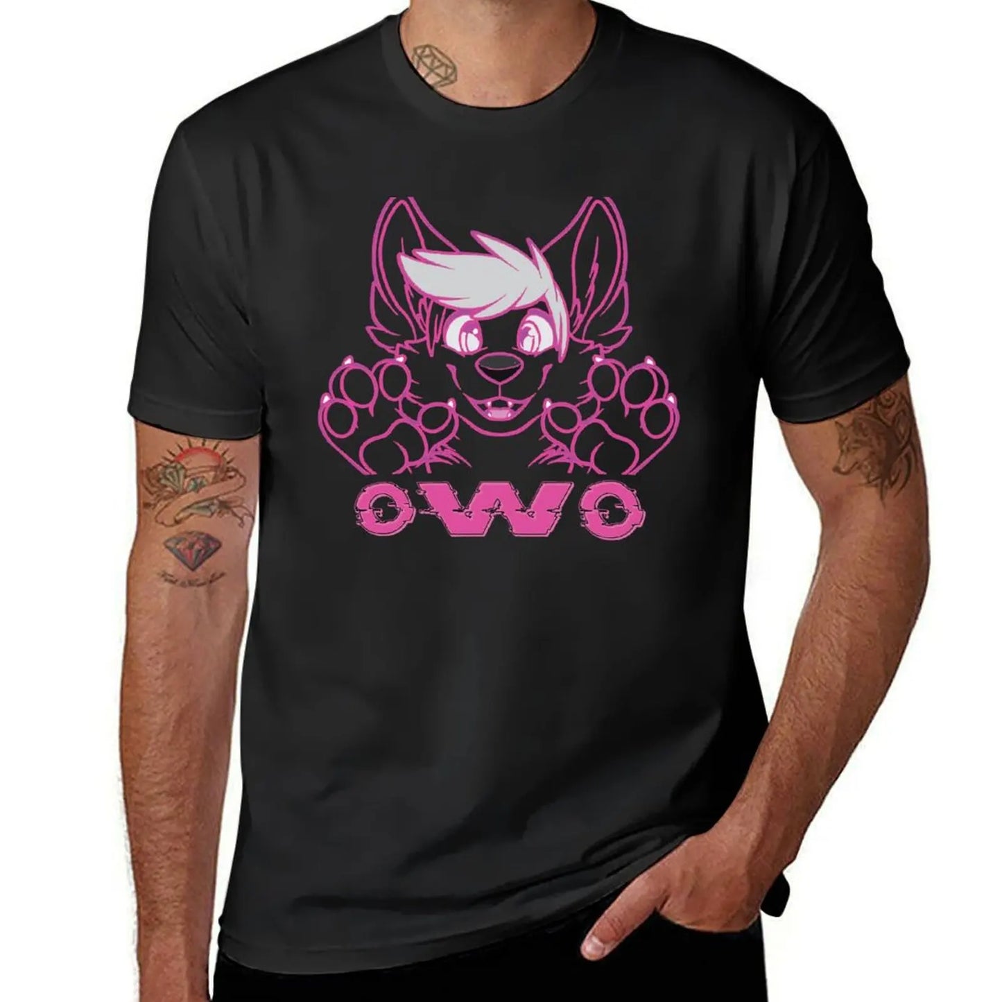 Black t-shirt with pink graphic design on a white background