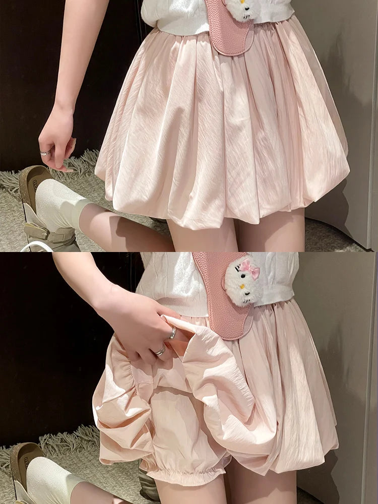 Women's Mini Skirt High Waist A-Line Skirt with Built-in Shorts for Petite, Pleated Puff Hem