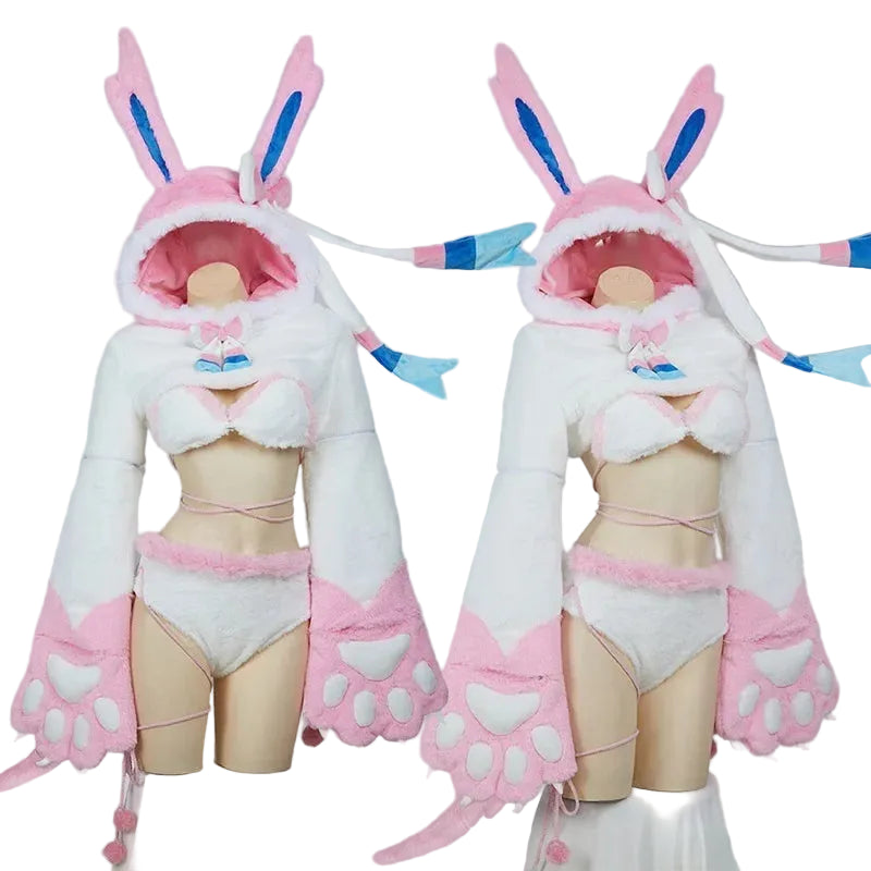 Two mannequins wearing a bunny costume with pink and white details on a gray background.
