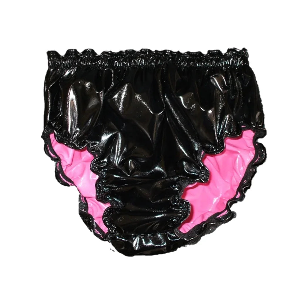 Shiny PVC Leather Panties Double Layer Splicing Briefs Glossy Waterproof