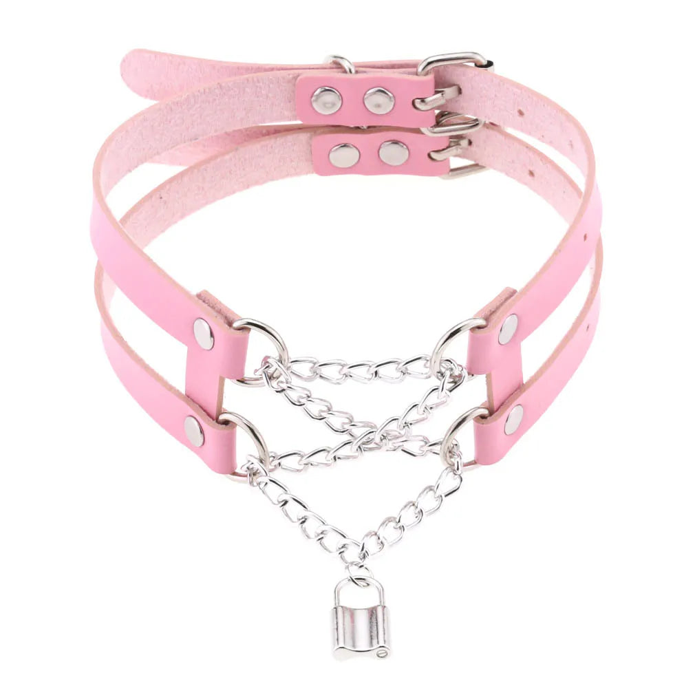 Trendy Punk Pink Lace Leather Choker Necklace