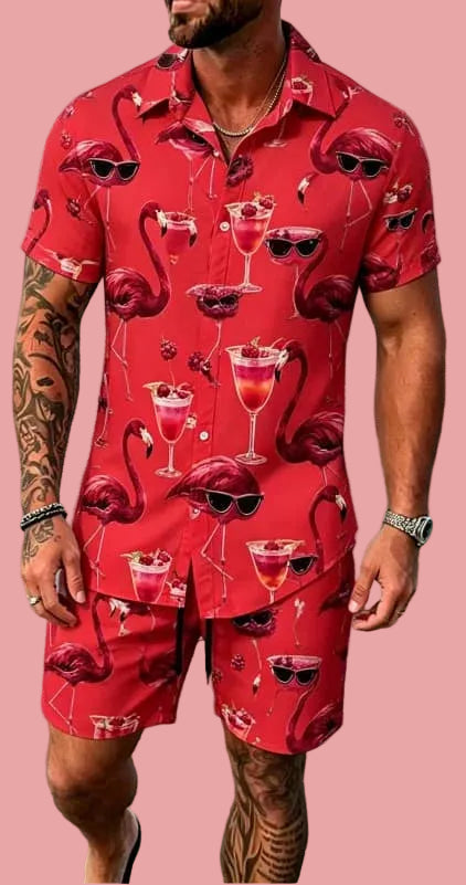 Cool animal print vacation set, short sleeved shirt and shorts, suitable for beach vacations and fun tropical outfits.