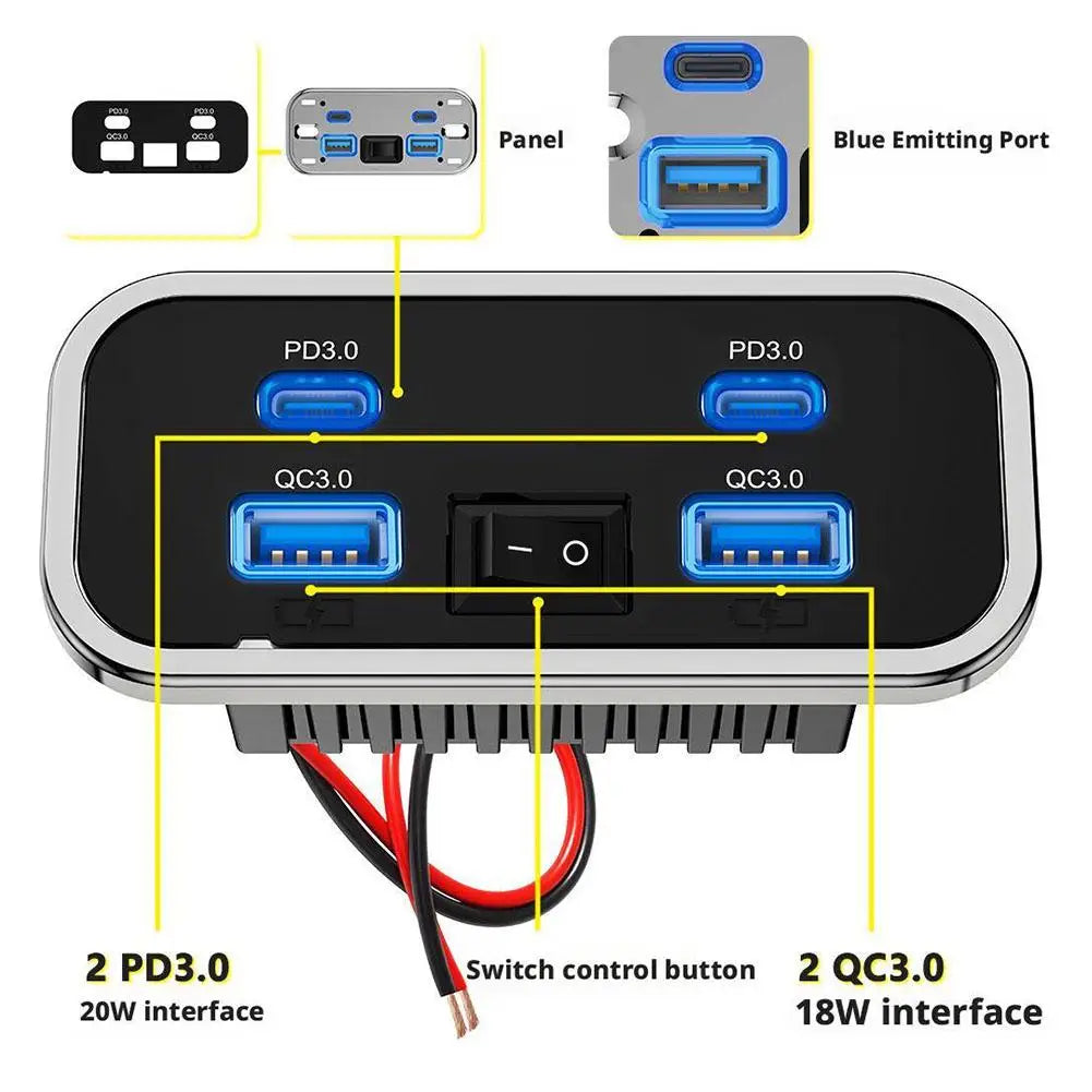 Car Charger Dual USB Type-C 4 Ports Quick Charging Socket