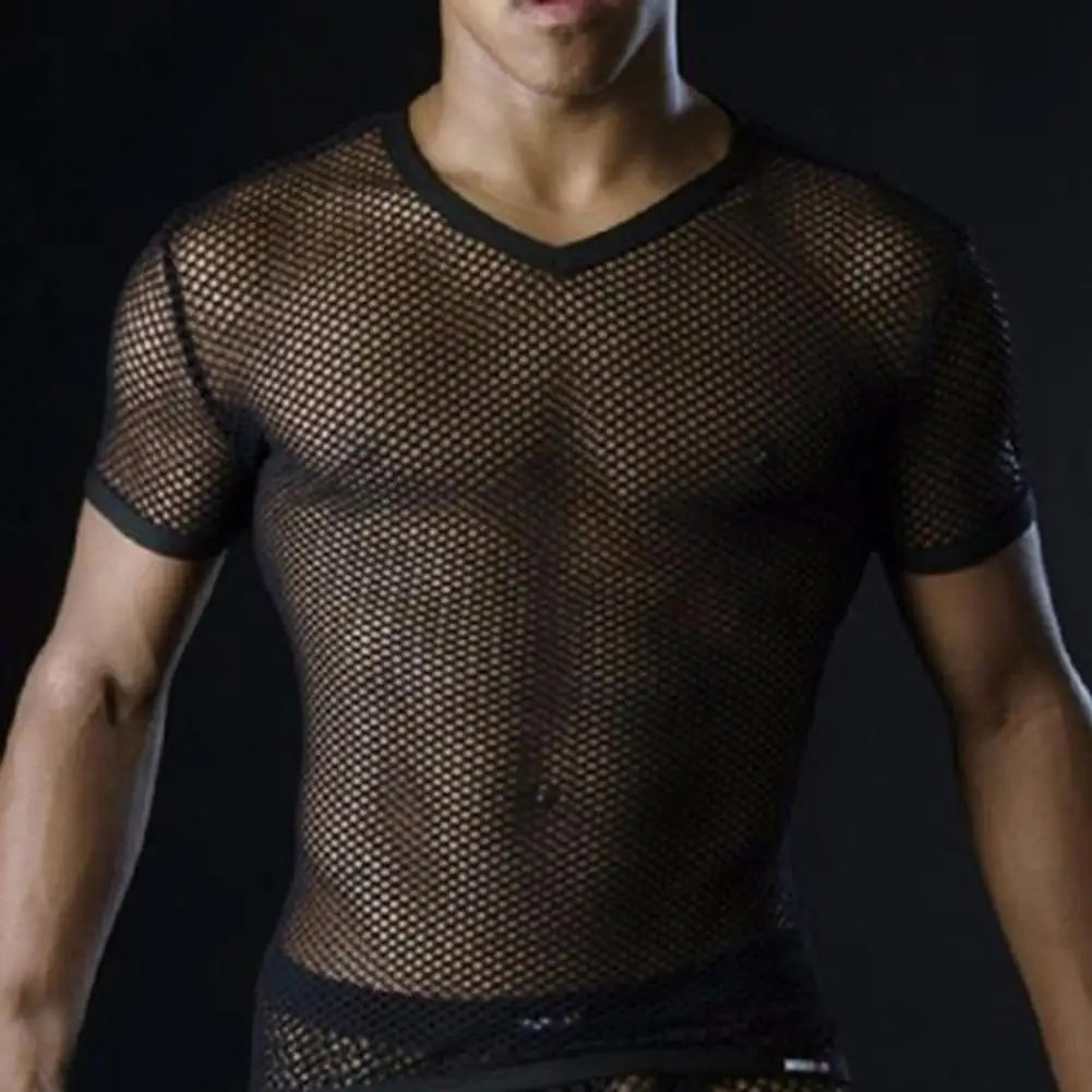 Men Mesh T Shirt Transparent Sexy Men See Through Fashion T-shirt Men Slim Fit Shiny Sexy T Shirt Party Nightclub Blouse Tops