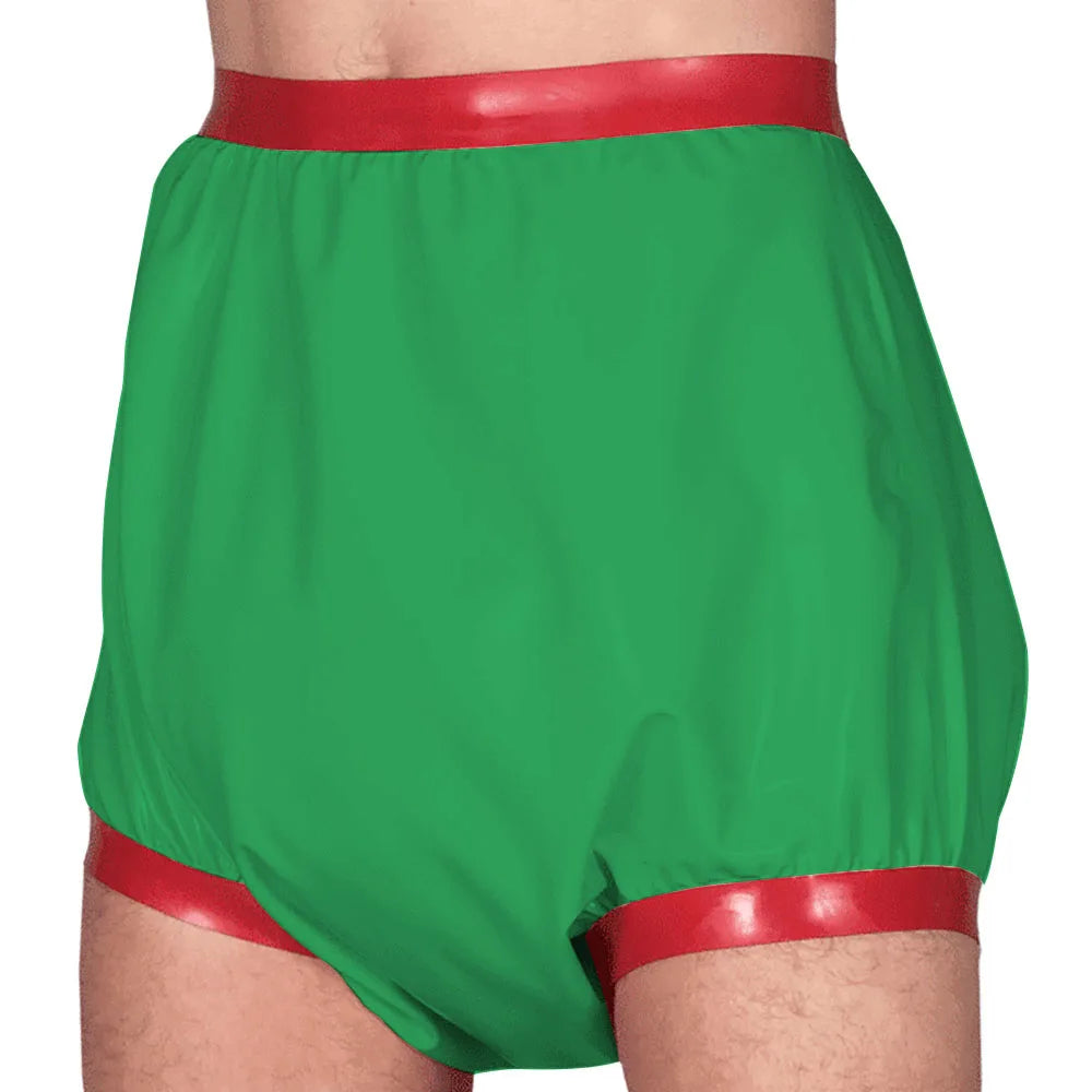 Adult Baby High Waisted Diaper Pants Wet look PVC Leather Patchwork Wide Thigh Shorts