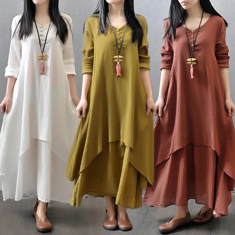 Elegant Bohemia Layered Vintage Cotton Hemp Dress