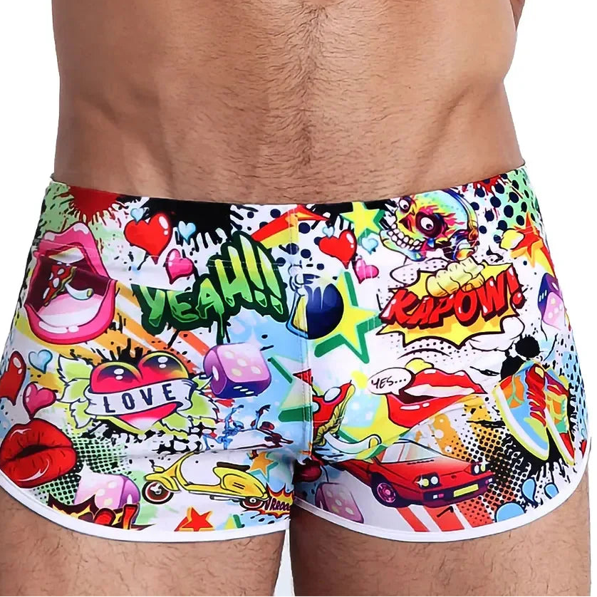 Colorful graphic shorts with various designs on a white background