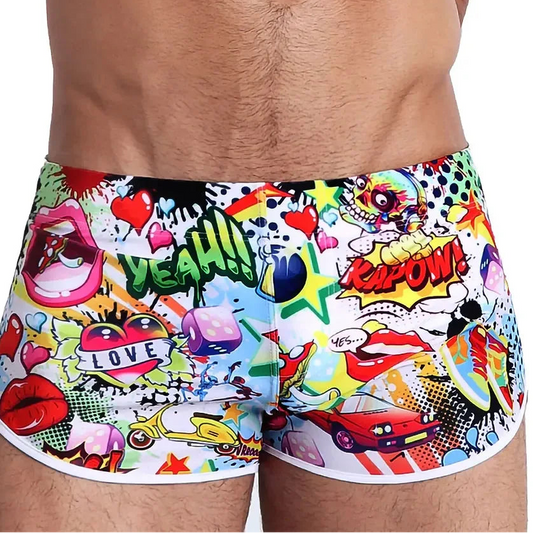 Colorful graphic shorts with various designs on a white background