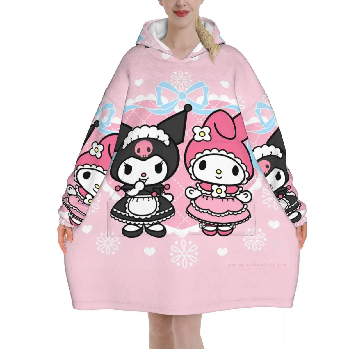 My Melody And Kuromi Blanket Hoodie Wearable Cute Cartoon Blanket Large with Pocket Warm Onesie