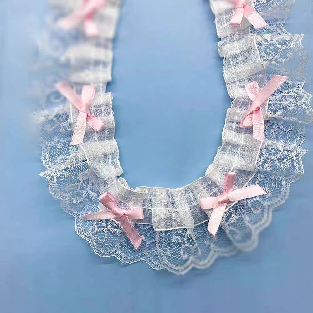 1 Yard Pink and White-Color Ruffle Wave Embroidery Lace Fabric Trim