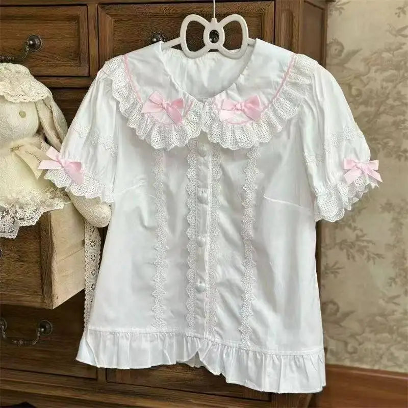 Japanese Cute  Blouses Unisex Kawaii All-match Peter Pan Collar Summer Shirt Tops Sweet Puff Sleeve Chic Blouse