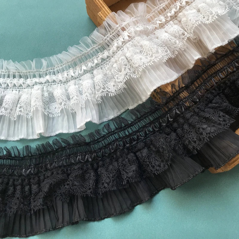 1 Yard White Black Stretch Lace Layer Ribbon Elastic Ruffle Trim
