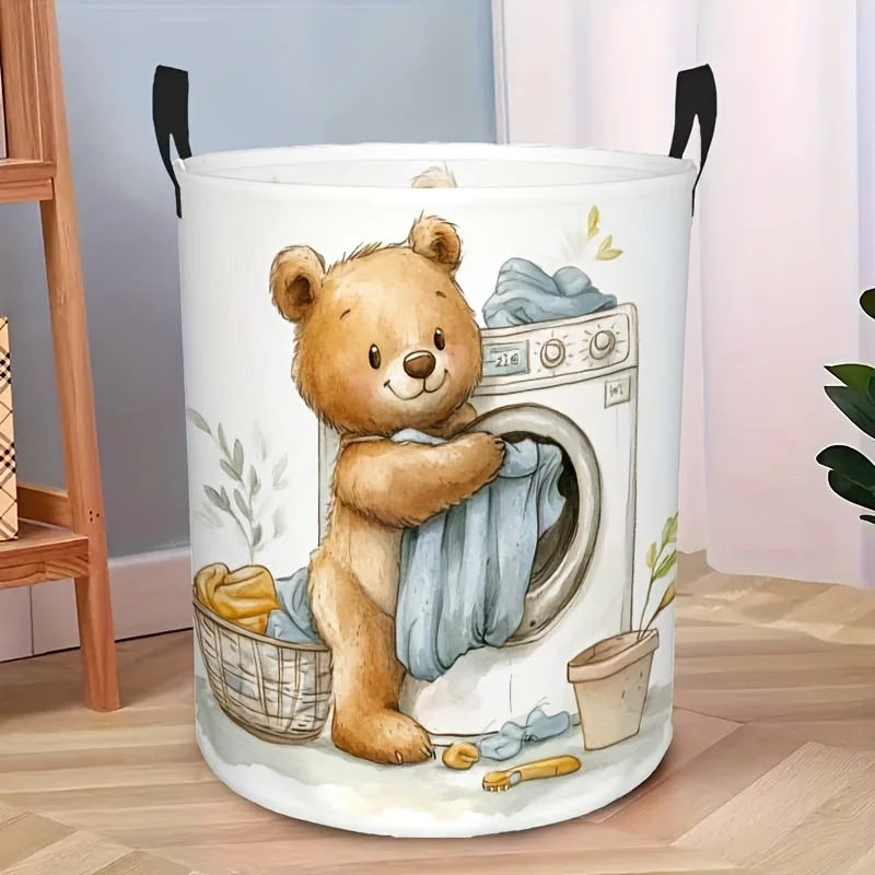 Whimsical Beige Bear Laundry Hamper Small or Medium with Handles