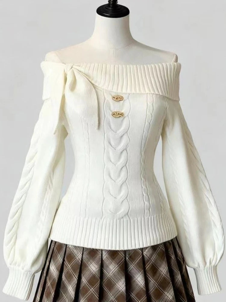 Sweet Hot Bow Off-Shoulder Sweater Elegant Fashion Knitted Tops