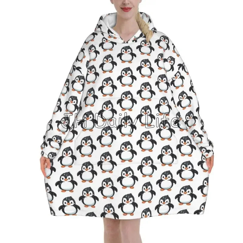 Penguin Wearable Flannel Blanket Hoodie Oversized Hooded Blanket Soft Pullover Sweatshirt Fleece Sherpa Blankets with Pockets