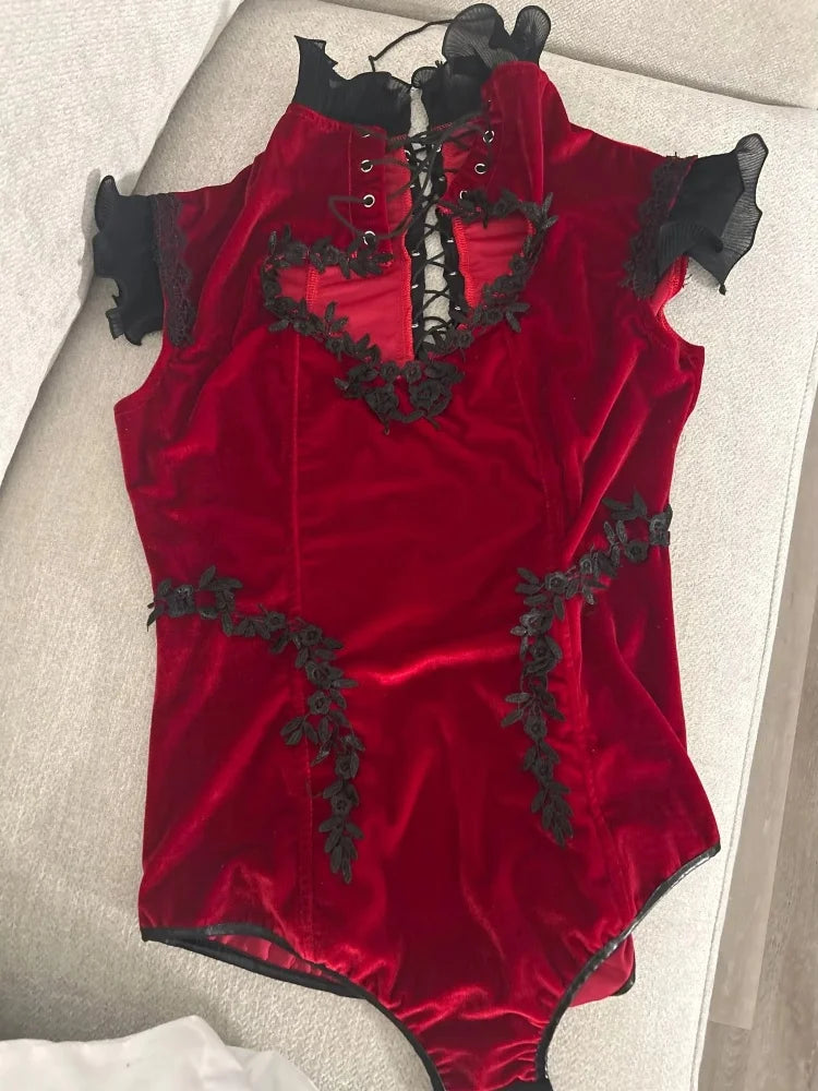 Wine Red Heart Cutout Bodysuit High Neck Outfit