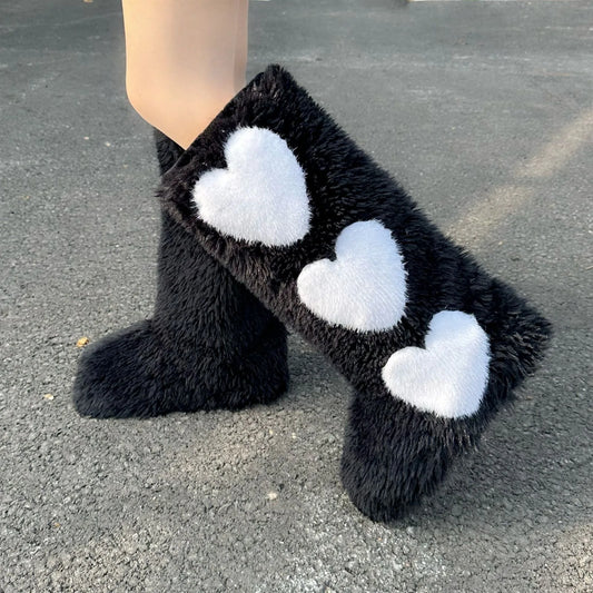 New Winter Flat Long  Lined Thickened Waterproof Warm Heart Pattern Snow Boots