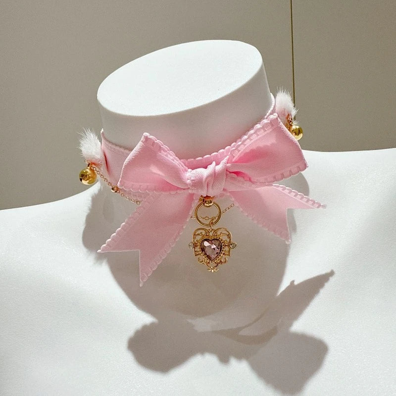 Pink Bow Nipple Clips Heart-Shaped Gemstone Collar Leash Set with Body Chain