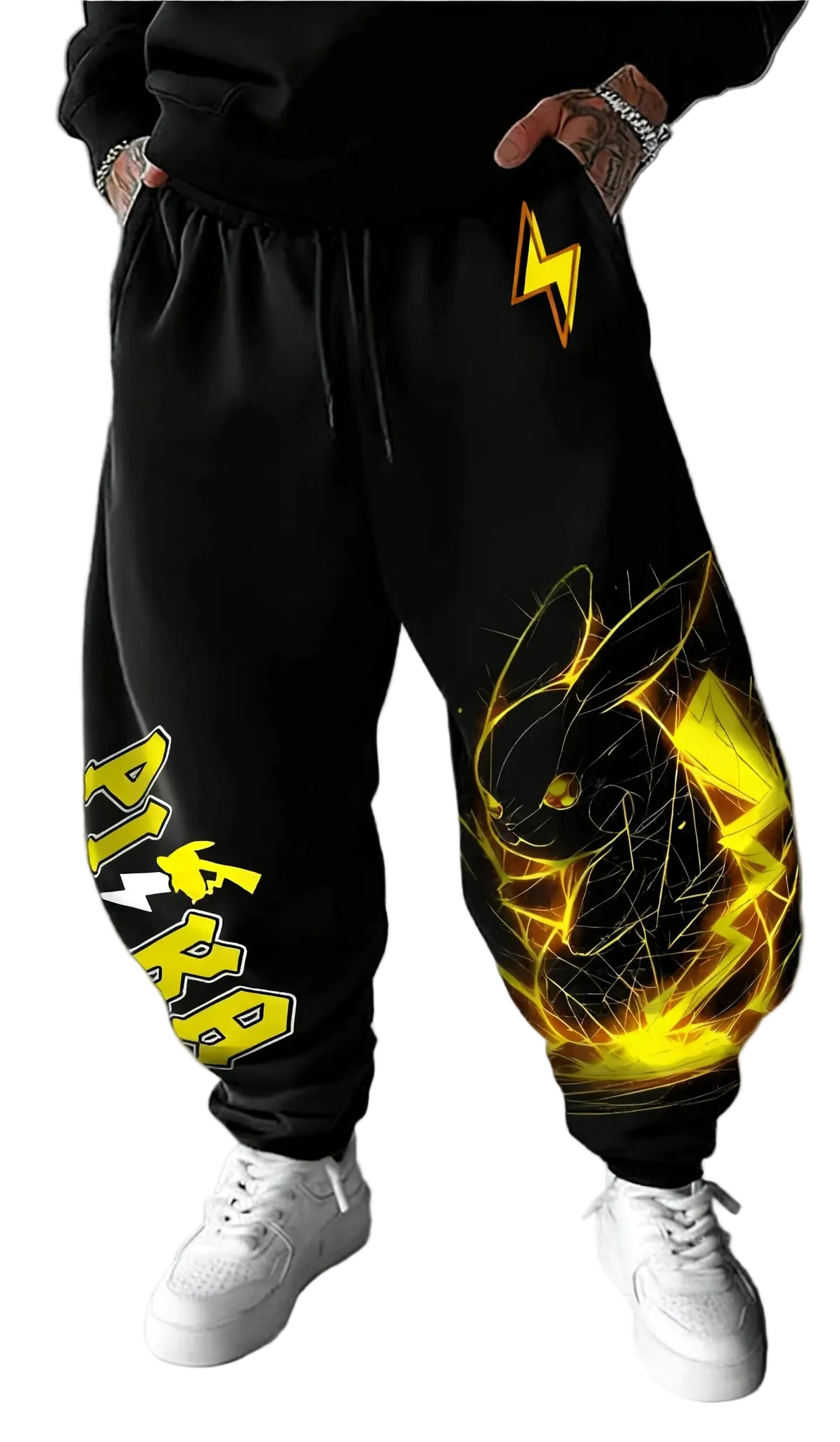 Black sweatpants with yellow graphics and text on a gray background