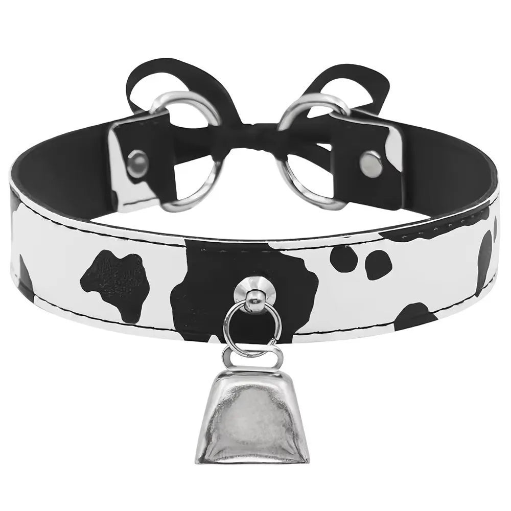 Cow Print Leather Choker Adjustable Bell Collar