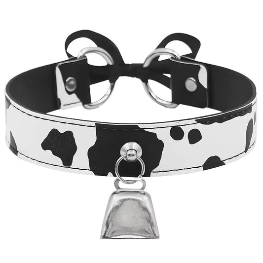 Cow Print Leather Choker Adjustable Bell Collar